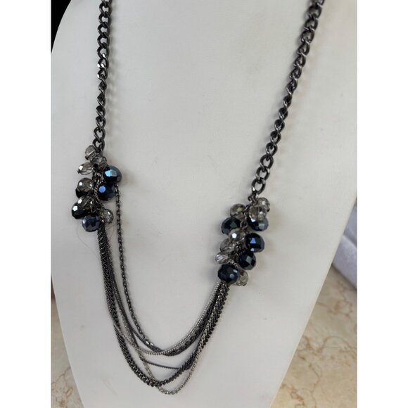 Kenneth Cole Layered Gunmetal Chain Necklace With Black & Clear Faceted Beads & - Picture 1 of 11